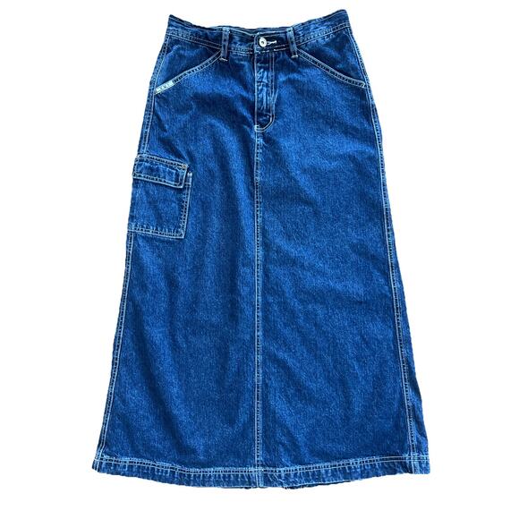 R.V.T Denim Maxi Skirt Womens 7/8 Blue Carpenter Utility Pocket Y2K 90s Long - Picture 1 of 12